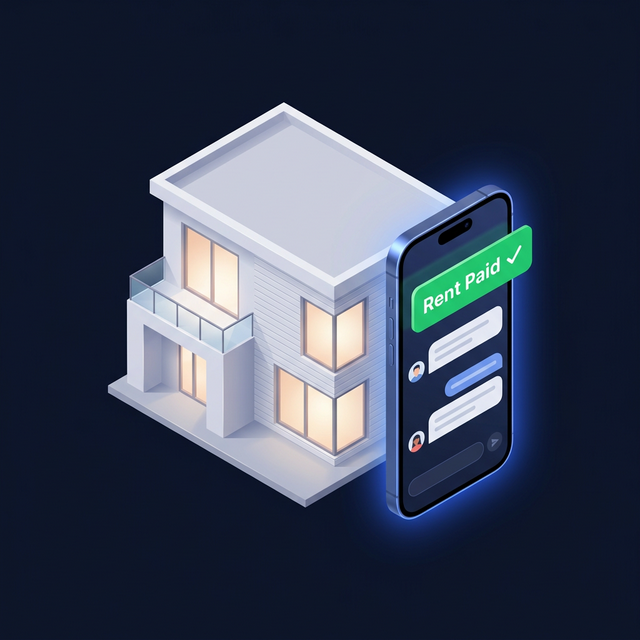 3D illustration of a property with a mobile phone showing a green Rent Paid notification and a chat window in the Livio app