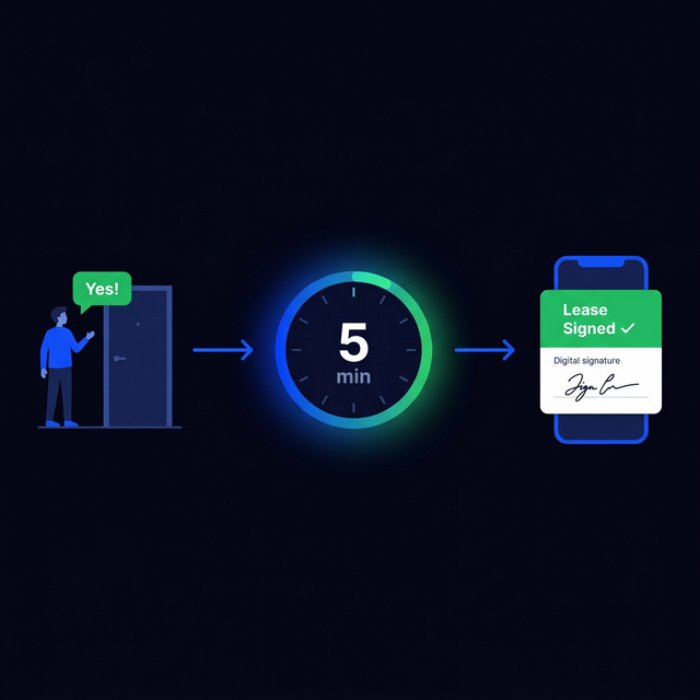Three-step process: tenant agrees, Livio automates in 5 minutes, lease signed