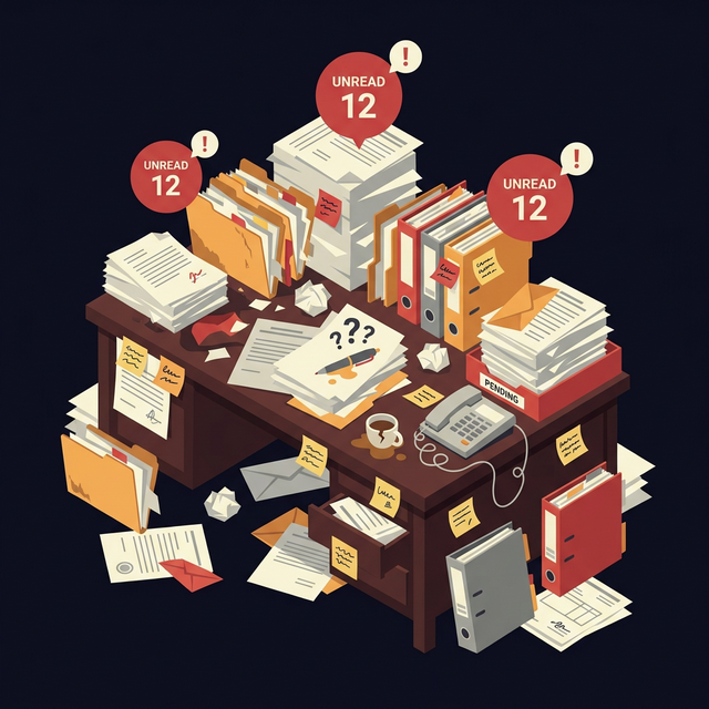 Chaotic landlord desk overflowing with unread emails, crumpled documents, and pending paperwork